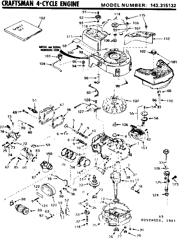 Replacement Parts Diagram and Parts List for 143315132  Craftsman Engine