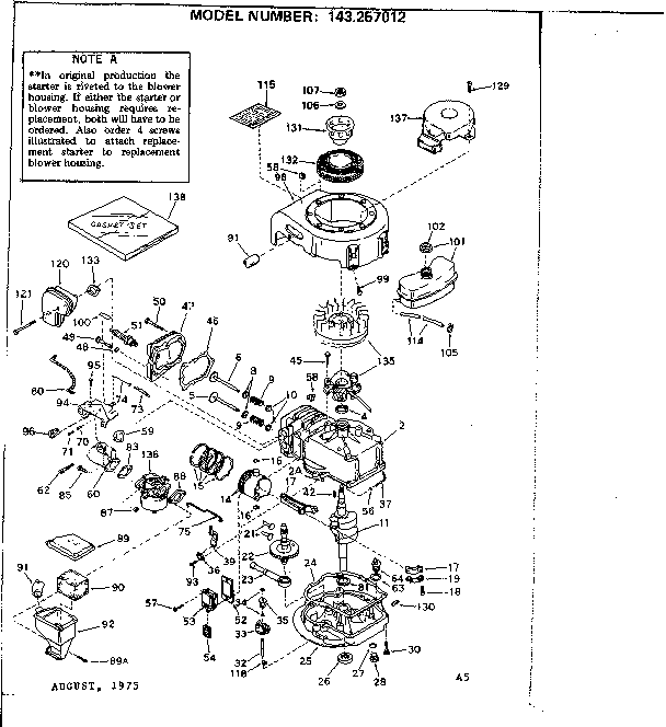 Replacement Parts Diagram and Parts List for 143257012  Craftsman Engine