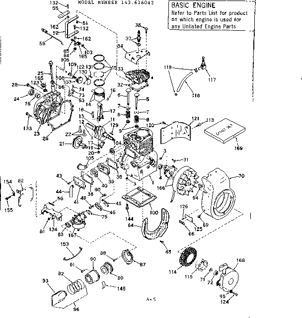 Basic Engine Diagram and Parts List for 143616042  Craftsman Engine