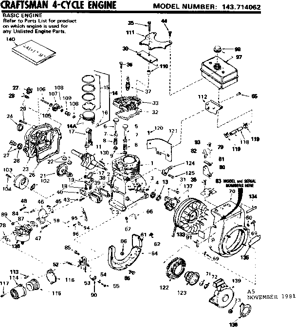 Replacement Parts Diagram and Parts List for 143714062  Craftsman Engine