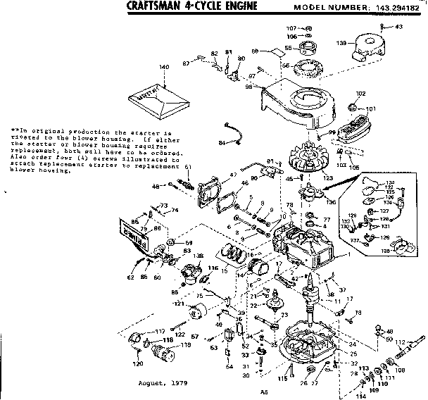 Replacement Parts Diagram and Parts List for 143294182  Craftsman Engine