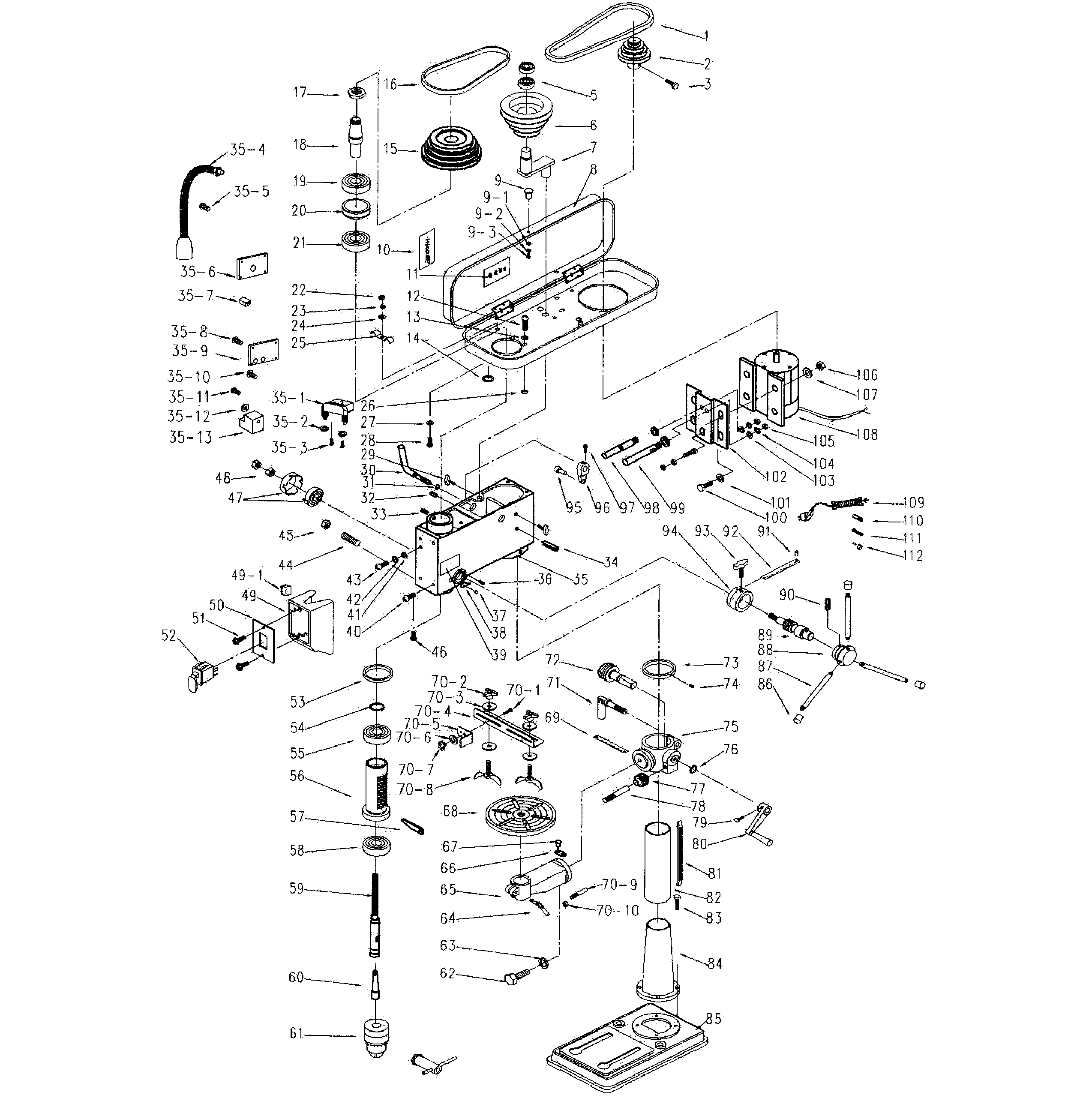 Drill Press Diagram and Parts List for 12434984  Craftsman Drill Press