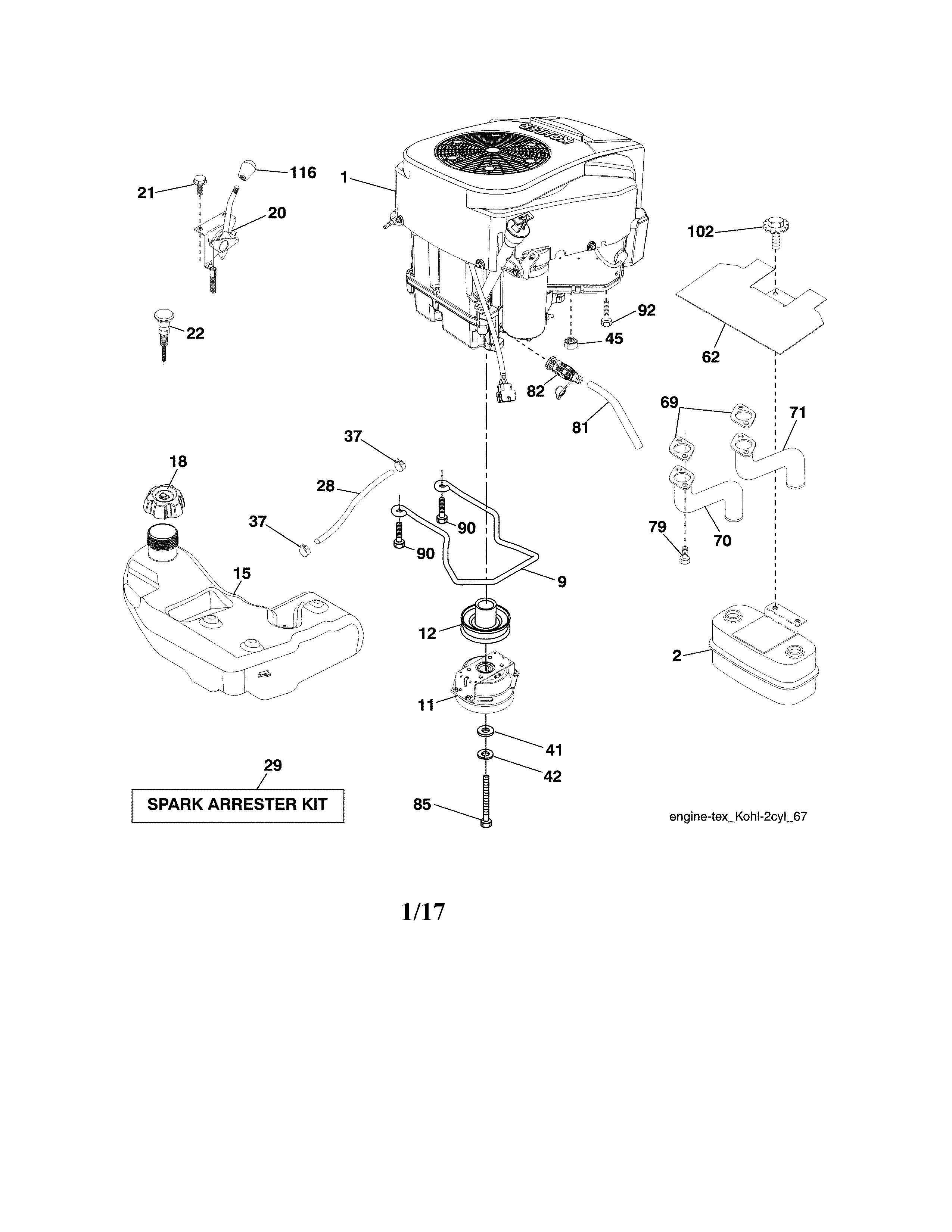 Engine Diagram and Parts List for 917986431  Craftsman Lawn Tractor