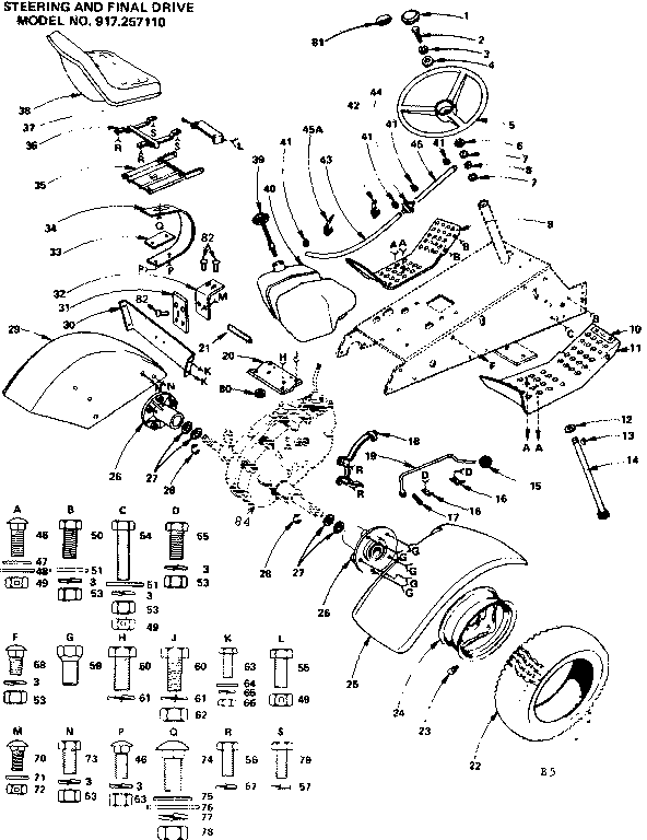 Steering And Final Drive Diagram and Parts List for 917257110  Craftsman Lawn Tractor
