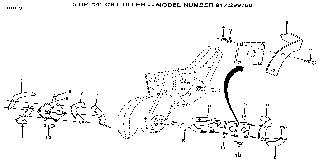 Tines Diagram and Parts List for 917299750  Craftsman Tiller