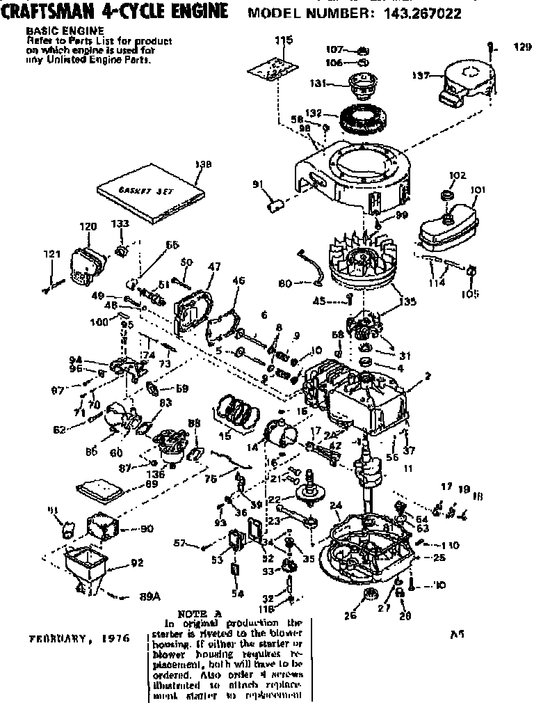 Replacement Parts Diagram and Parts List for 143267022  Craftsman Engine