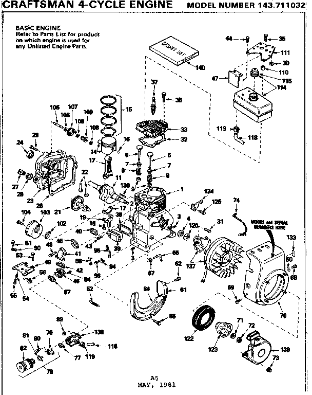 Replacement Parts Diagram and Parts List for 143711032  Craftsman Engine