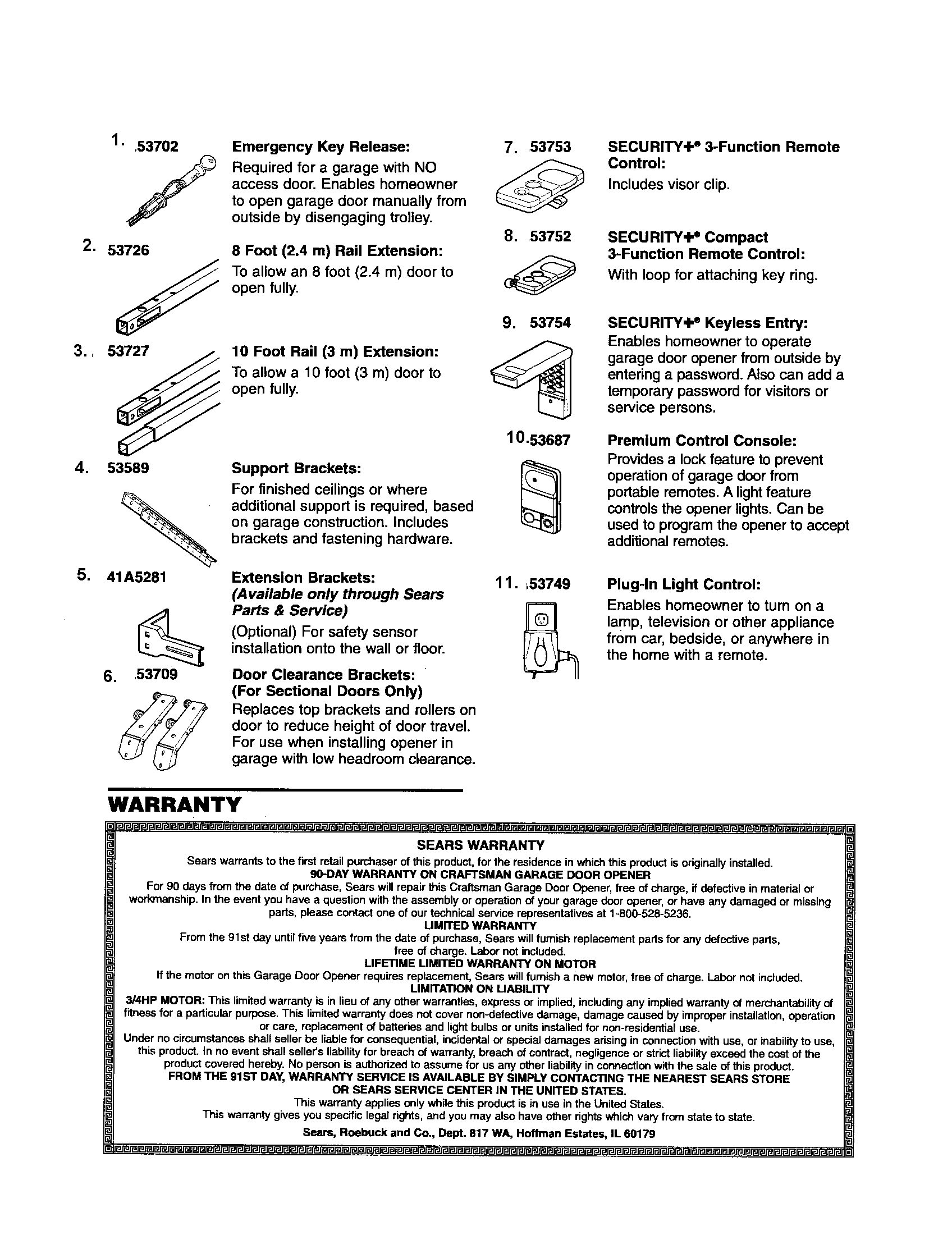 Accessories And Warranty Diagram and Parts List for 13953990D  Craftsman Garage Door Opener