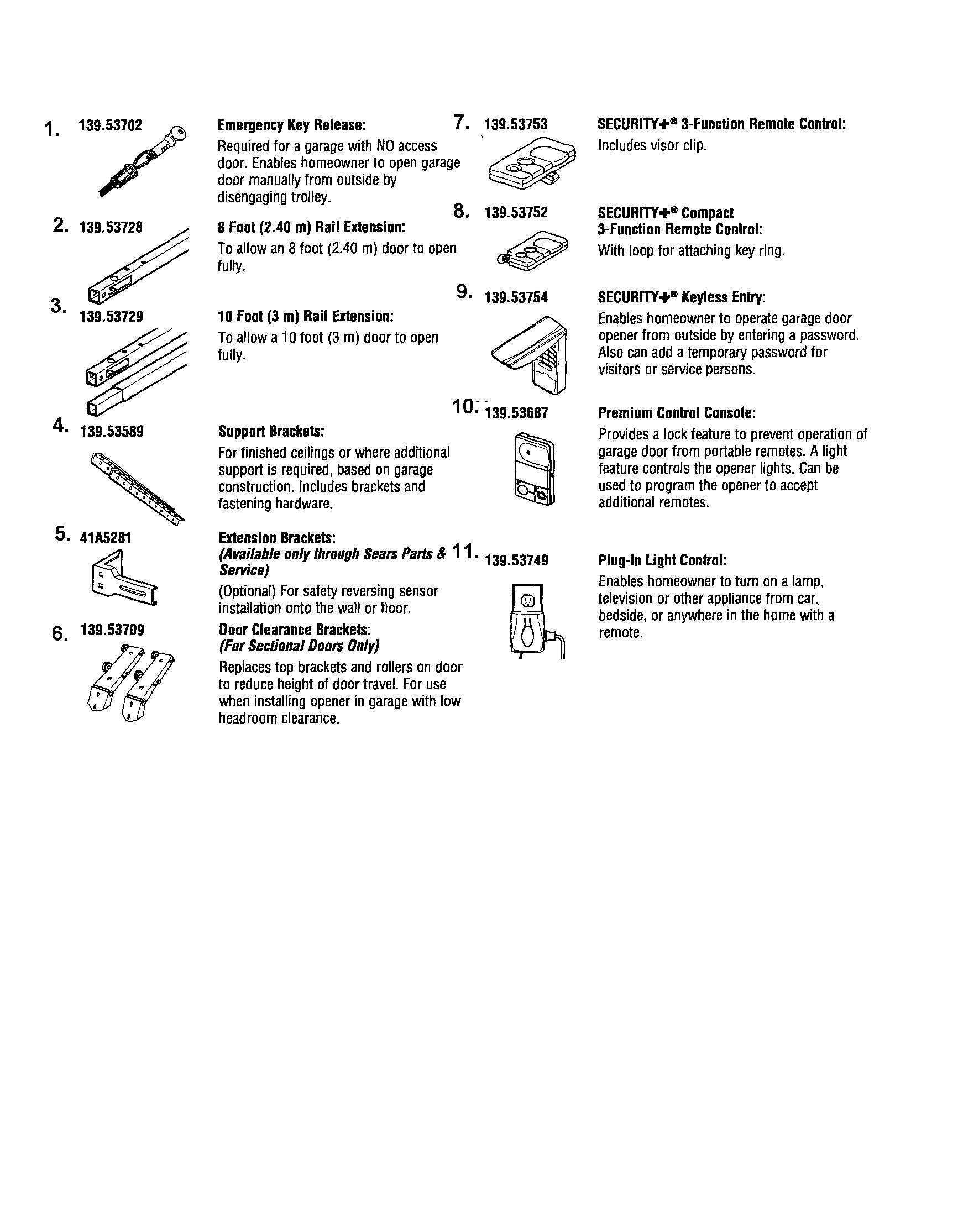 Accessories Diagram and Parts List for 13953916D  Craftsman Garage Door Opener