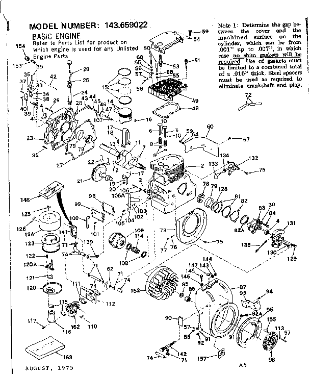 Engine Diagram and Parts List for 143659022  Craftsman Engine