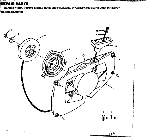 Recoil Starter Diagram and Parts List for 917353737  Craftsman Chainsaw