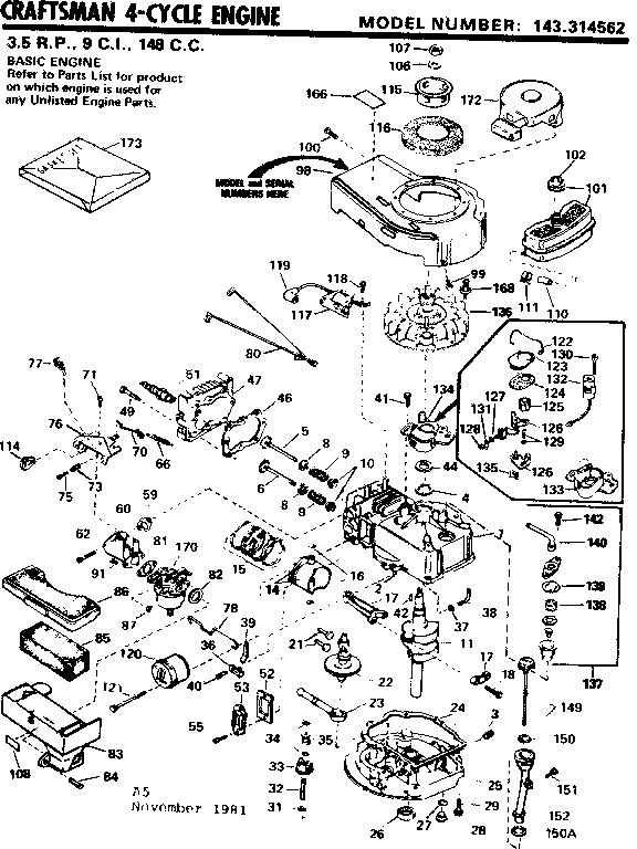 Replacement Parts Diagram and Parts List for 143314562  Craftsman Engine