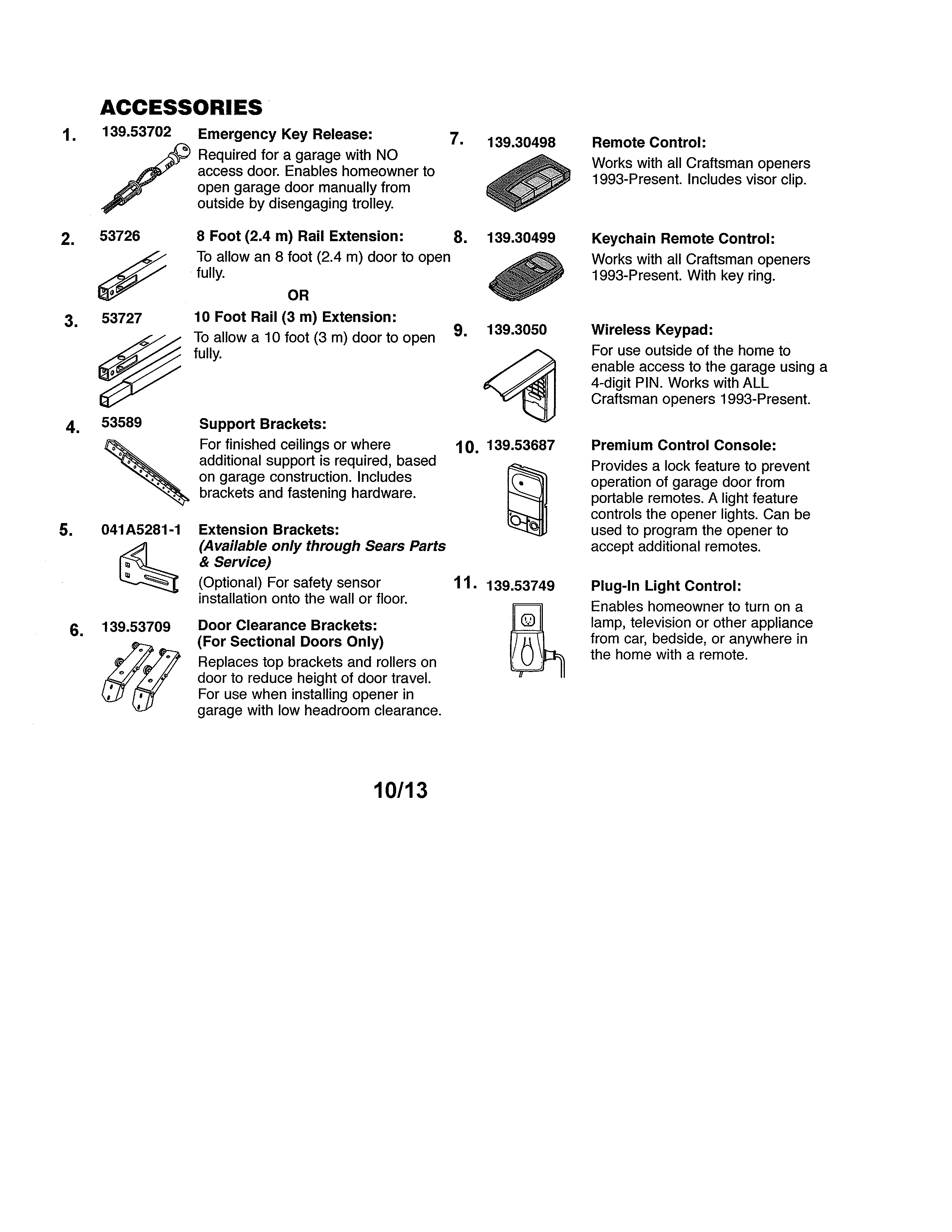 Accessories Diagram and Parts List for 13953990DS  Craftsman Garage Door Opener