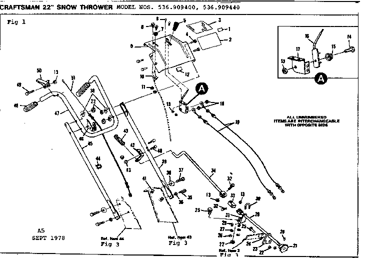 Handle Assembly Diagram and Parts List for 536909440  Craftsman Snow Blower
