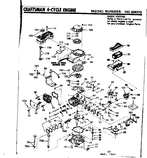 Replacement Parts Diagram and Parts List for 143326372  Craftsman Engine