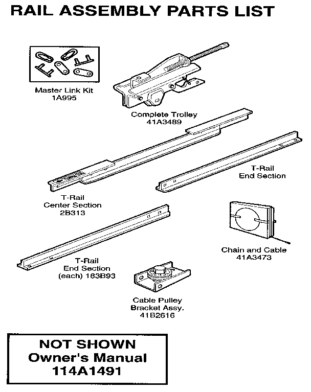 Rail Assembly Diagram and Parts List for 139536261SR  Craftsman Garage Door Opener