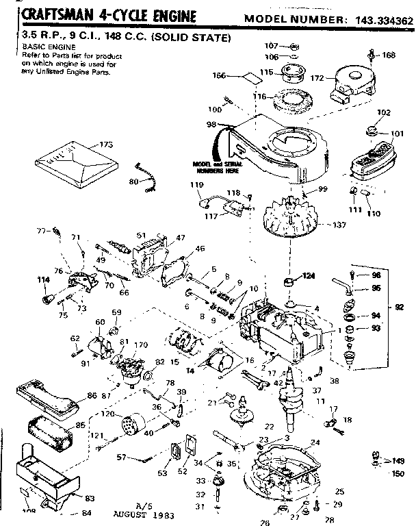 Replacement Parts Diagram and Parts List for 143334362  Craftsman Engine