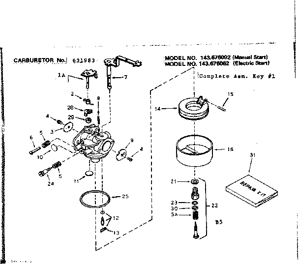 Carburetor Diagram and Parts List for 143676092  Craftsman Engine