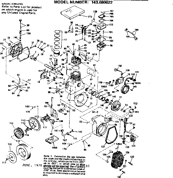 Replacement Parts Diagram and Parts List for 143680022  Craftsman Engine