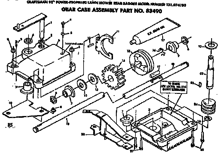 Gear Case Assembly Diagram and Parts List for 131974103  Craftsman Lawn Mower