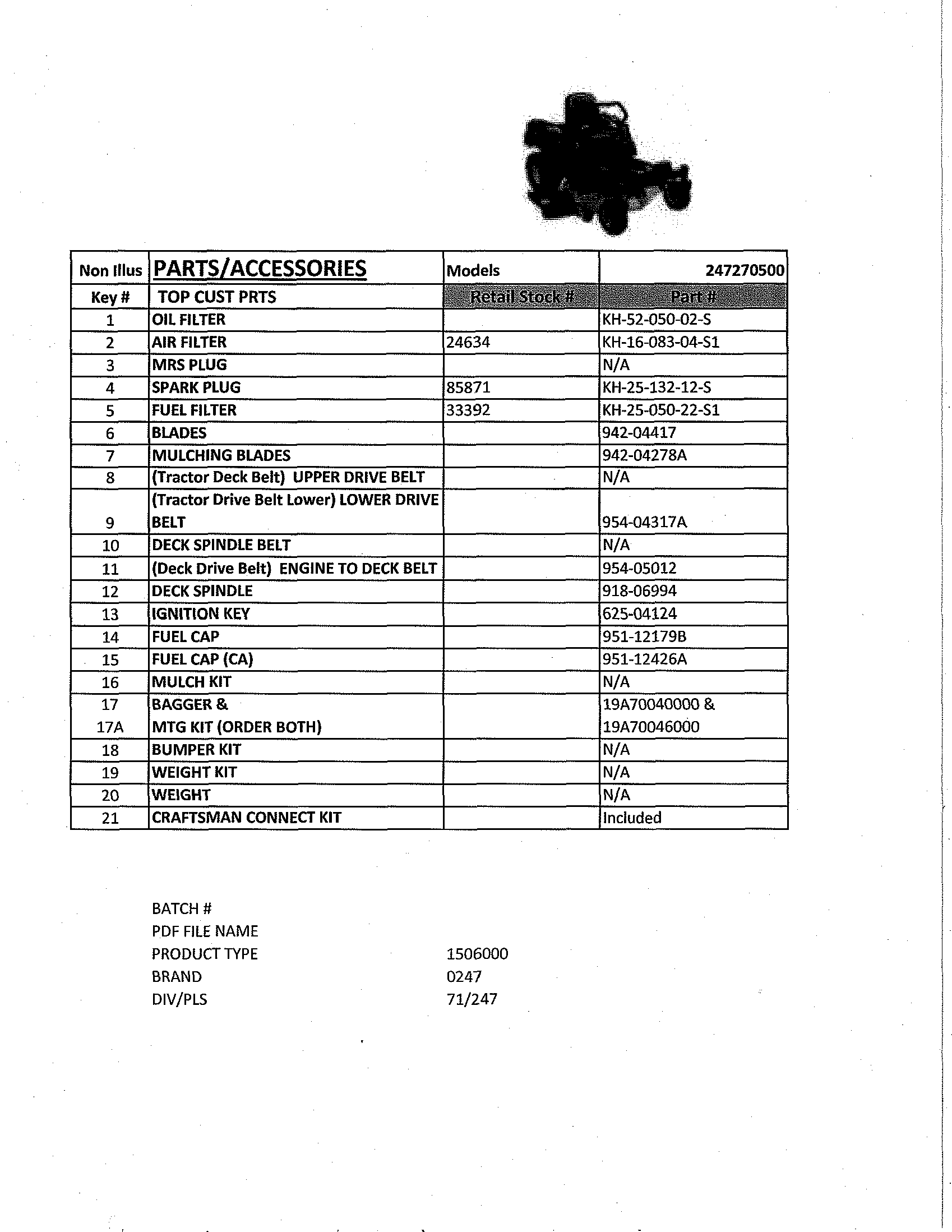 Top Customer Parts Diagram and Parts List for 247270500  Craftsman Engine