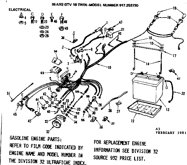 Electrical Diagram and Parts List for 917253730  Craftsman Lawn Tractor