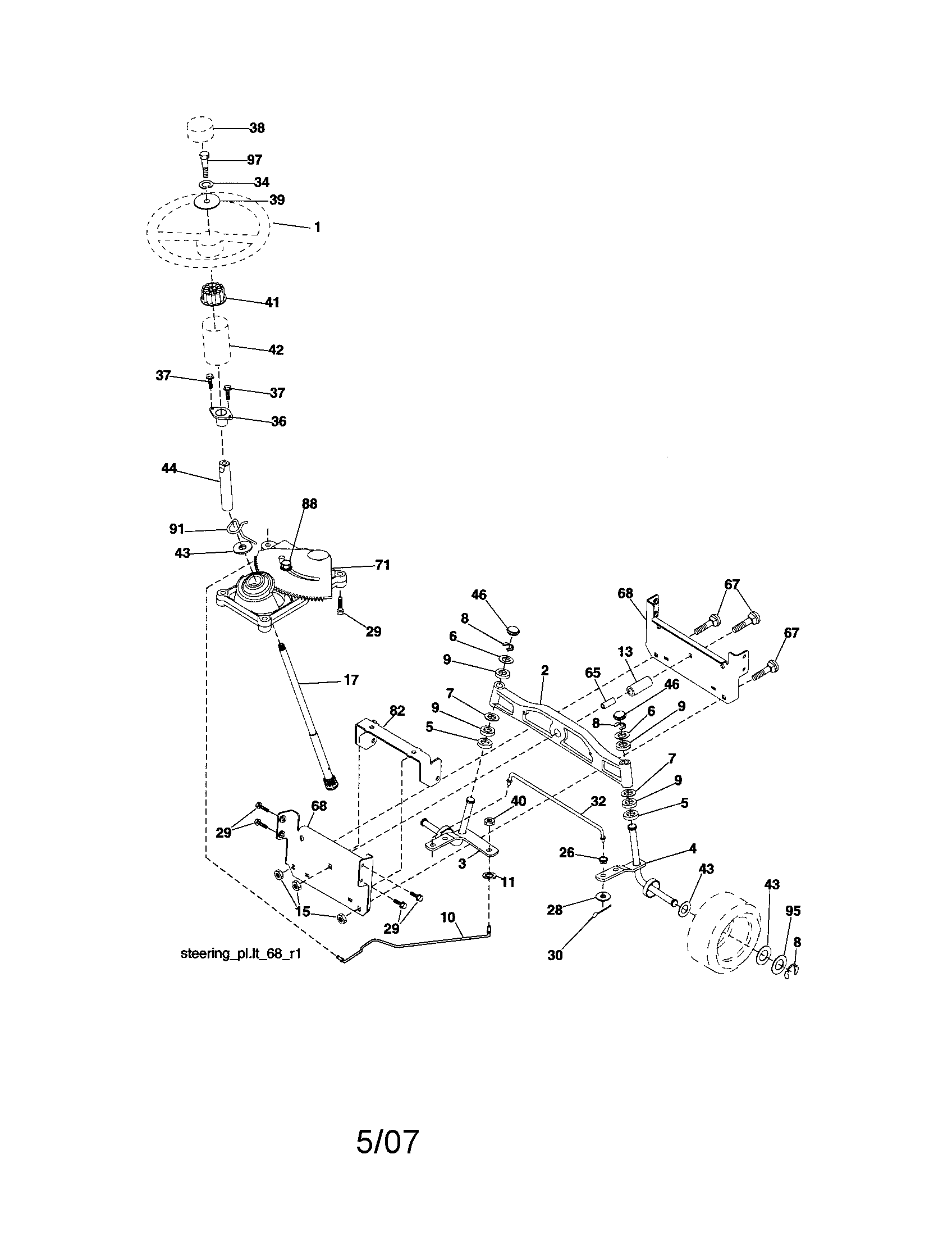 Steering Assembly Diagram and Parts List for 917287051  Craftsman Lawn Tractor