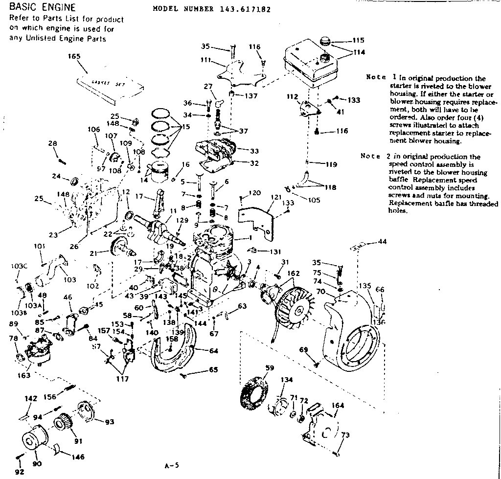 Basic Engine Diagram and Parts List for 143617182  Craftsman Engine