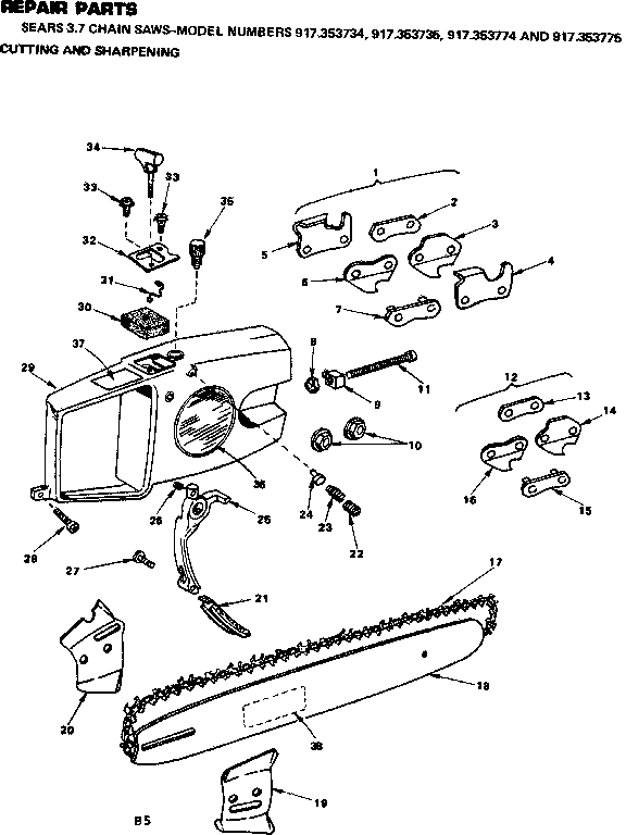 Cutting And Sharpening Diagram and Parts List for 917353734  Craftsman Chainsaw