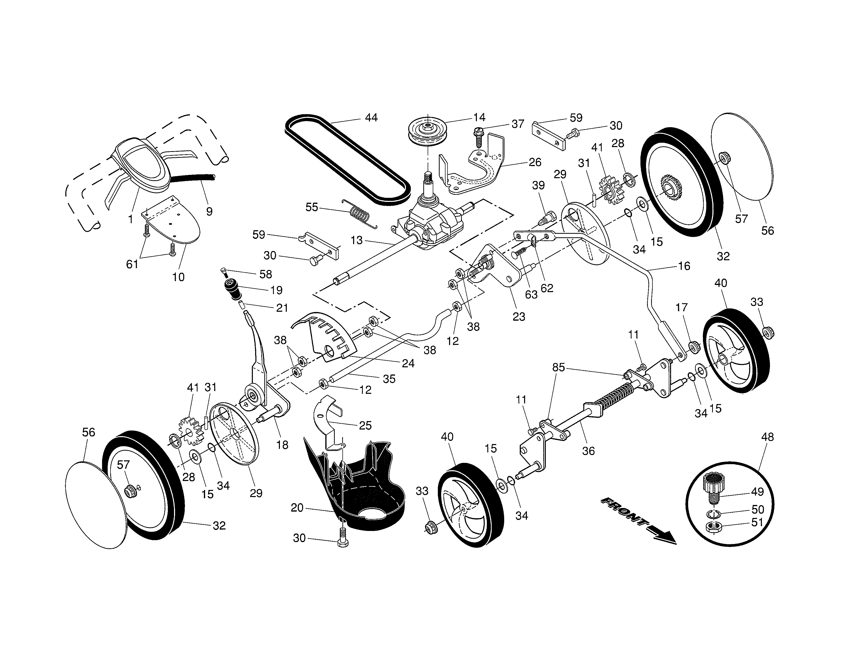 Drive Control/gear Case/wheels Diagram and Parts List for 917370921  Craftsman Lawn Mower