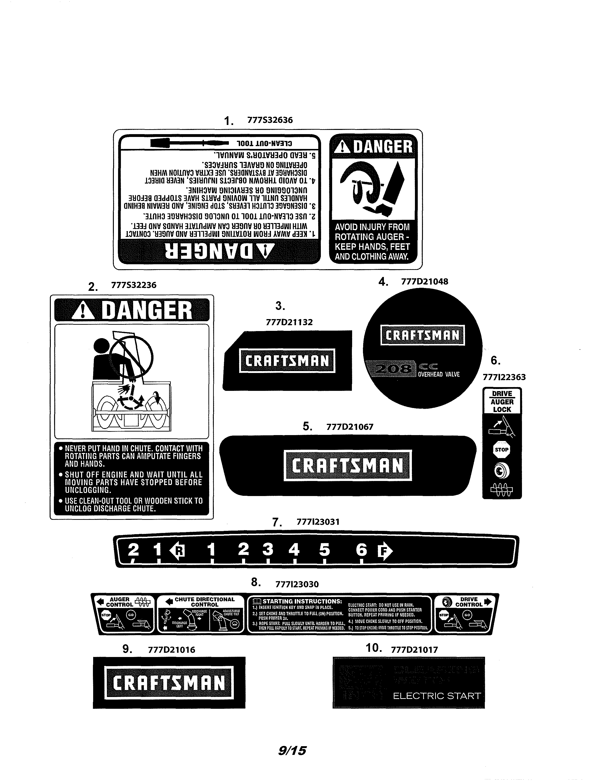 Decals Diagram and Parts List for 247881732  Craftsman Snow Blower