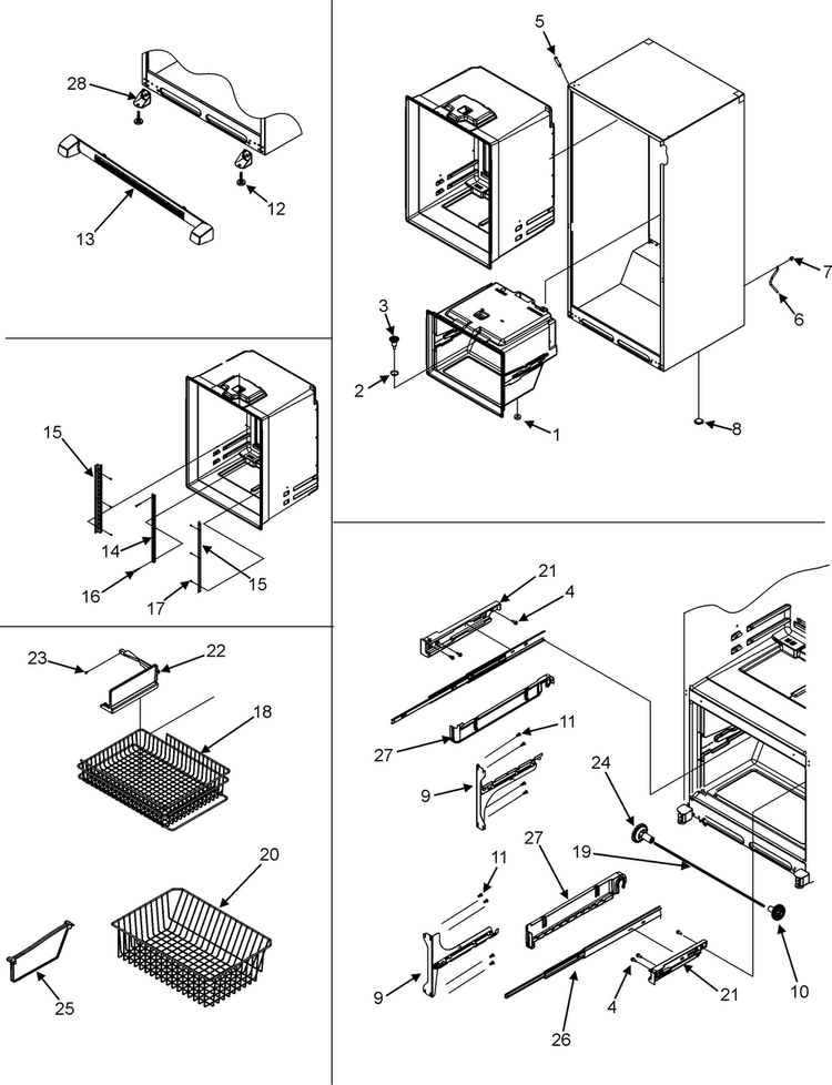 Interior Cabinet/frz Shelves/toe Grille Diagram and Parts List for EF36RNDFSS  Dacor Refrigerator