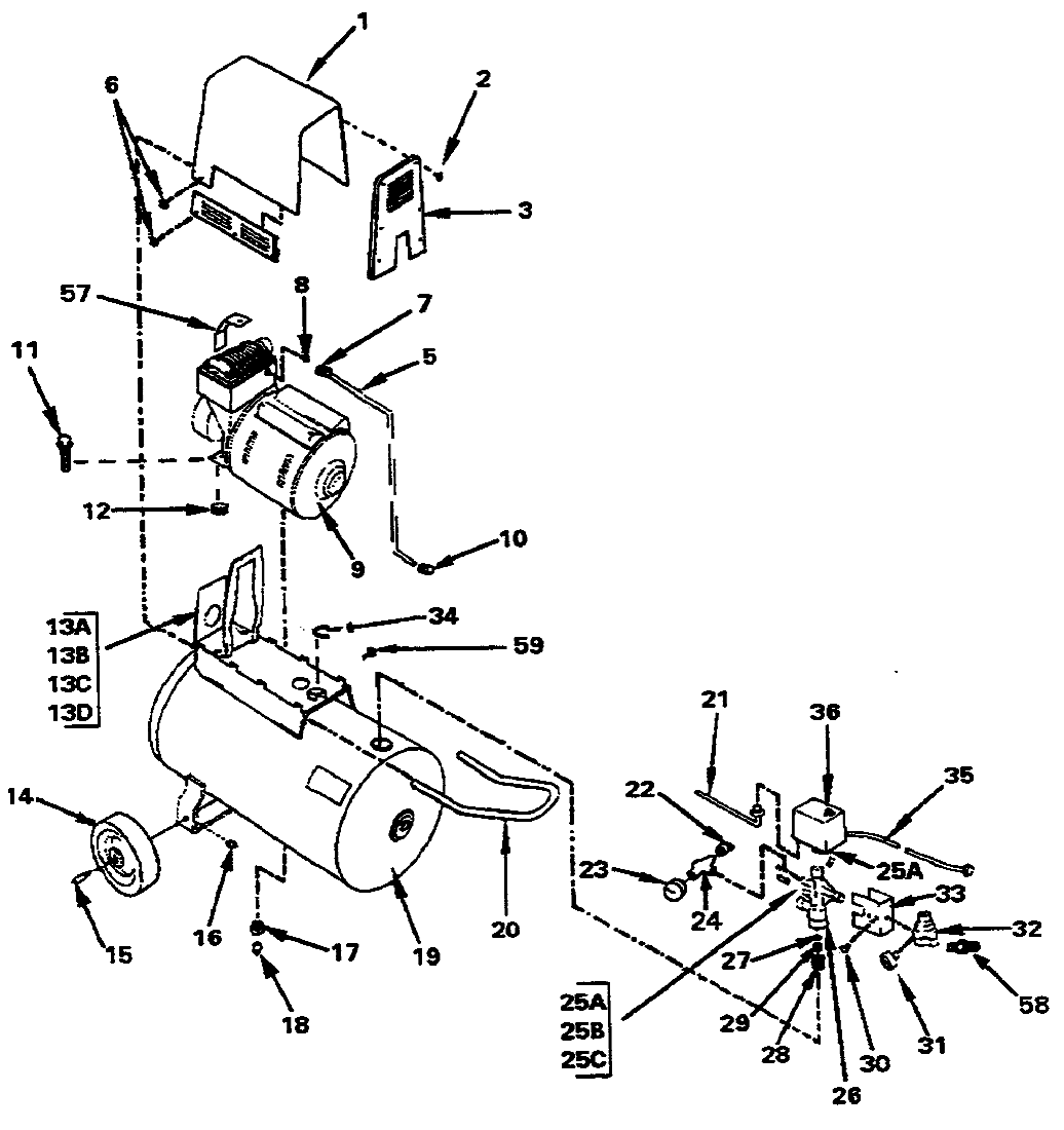 Default Diagram and Parts List for RA350E20AD Type 0 DeVilbiss Compressor