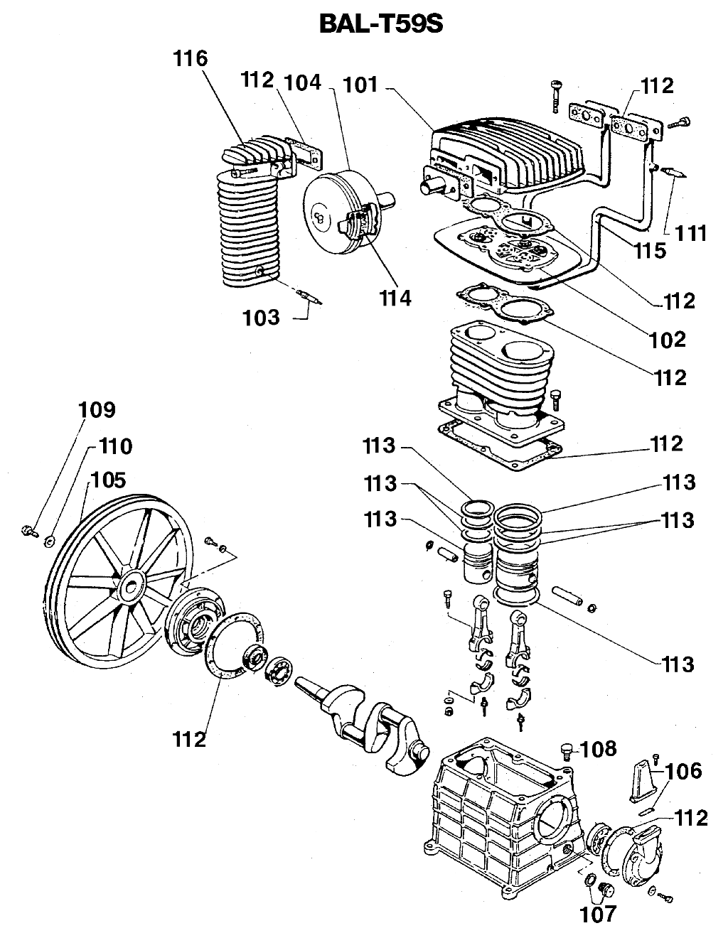 PUMP Diagram and Parts List for LN1080H23M Type 1 DeVilbiss Compressor