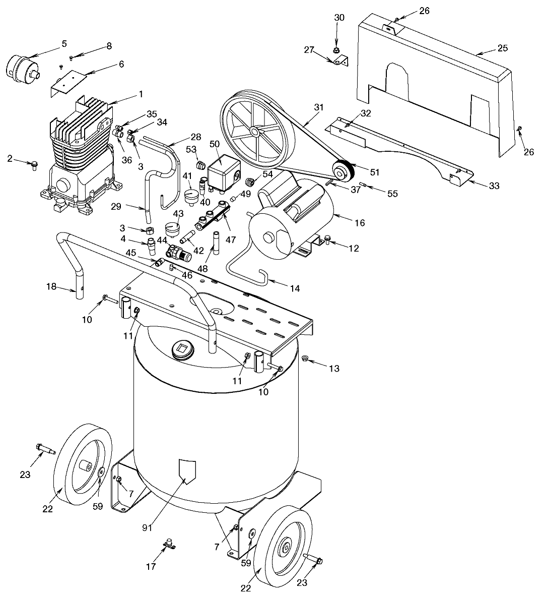 Default Diagram and Parts List for ACSL530RVP Type 3 DeVilbiss Compressor