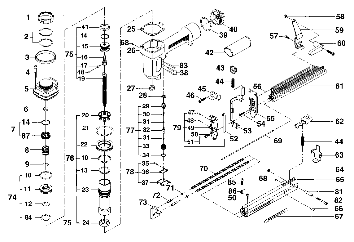 Default Diagram and Parts List for NBSNC2X4 Type 0 DeVilbiss Nailer