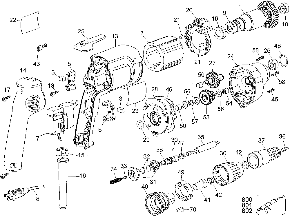 Exploded Diagram A Diagram and Parts List for 22658 Type 1 DeVilbiss Screwdriver
