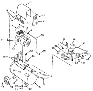 Default Diagram and Parts List for RA250E14AD Type 1 DeVilbiss Compressor