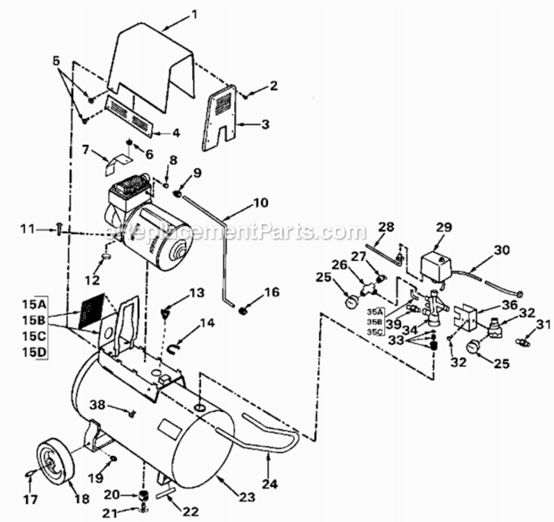 Page A Diagram and Parts List for RAC350E20AD Type 1 DeVilbiss Compressor