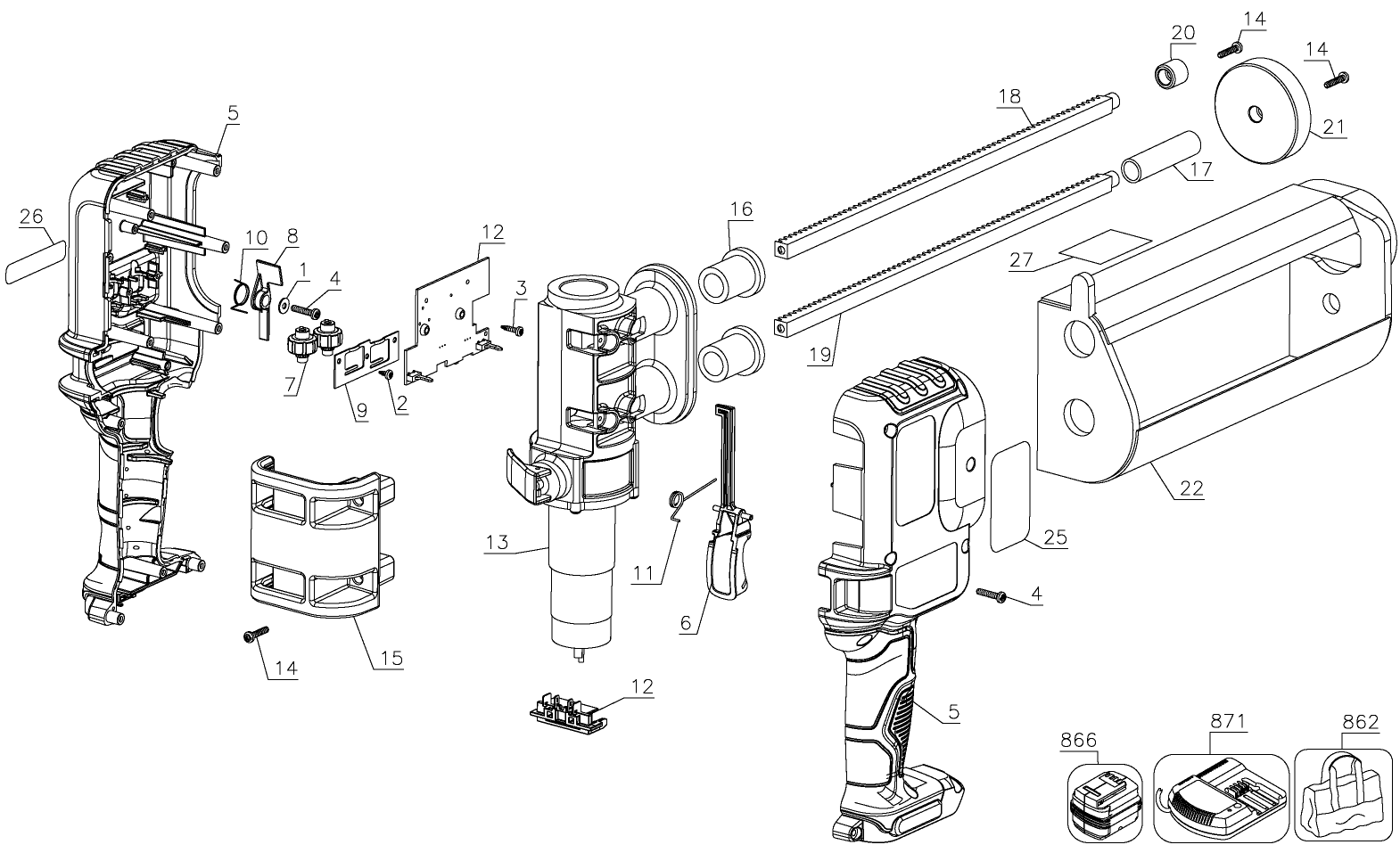 Default Diagram and Parts List for DCE595B Type 1 DeWALT Caulking Gun