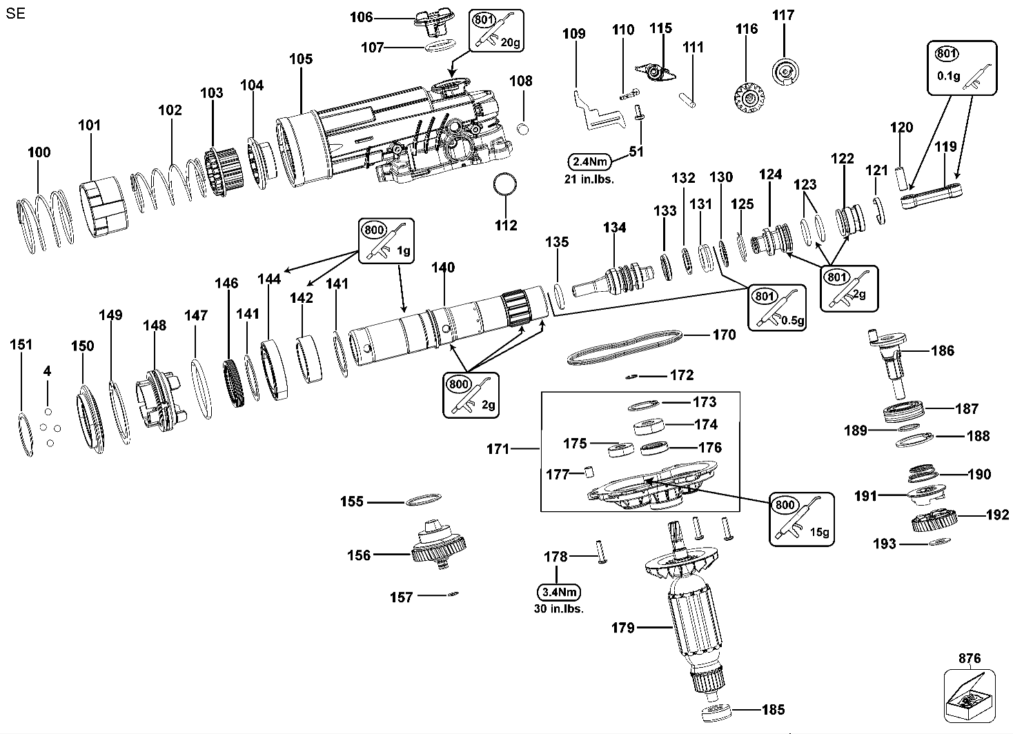 Default 2 Diagram and Parts List for D25413K Type 1 DeWALT Hammer