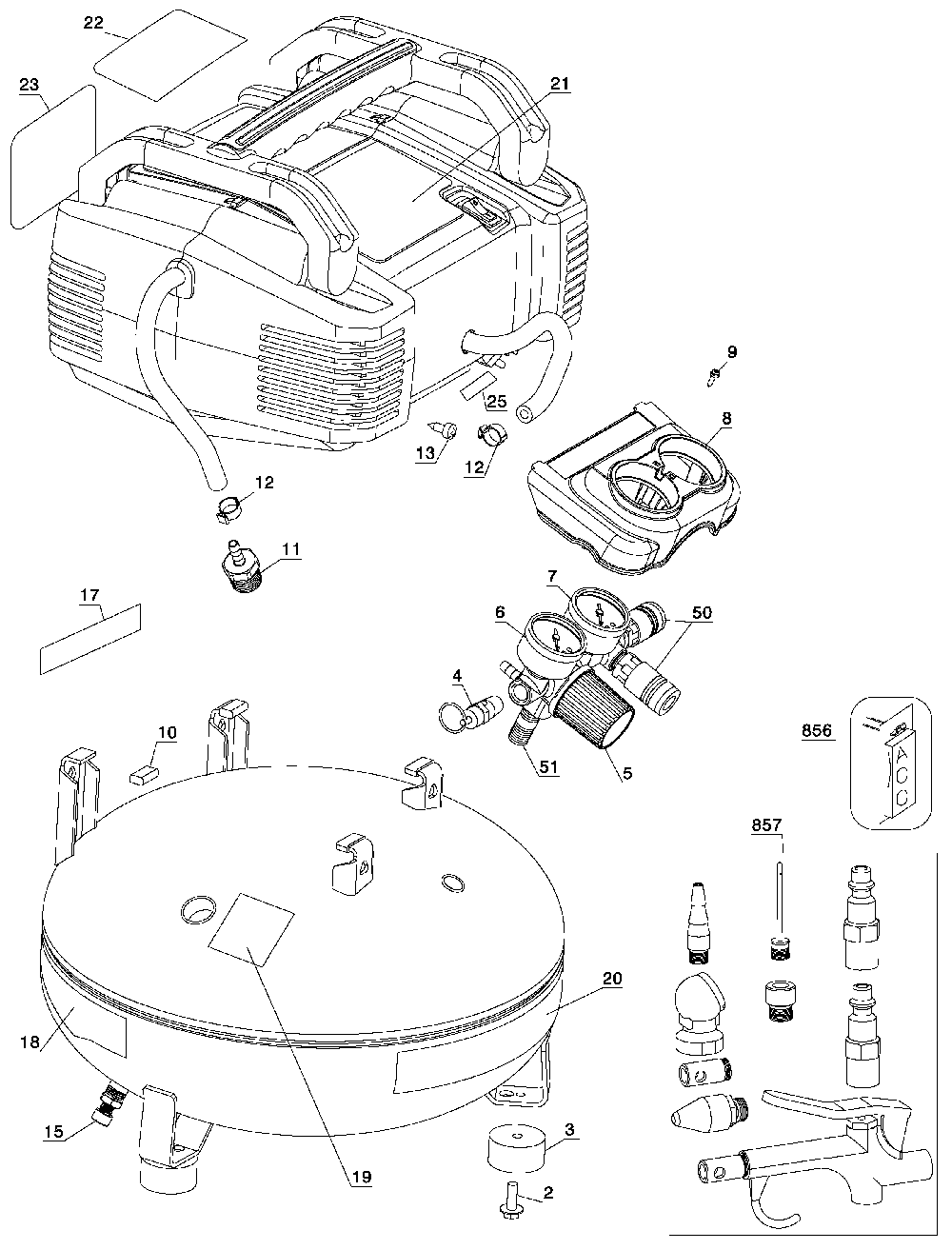 Exploded Diagram B Diagram and Parts List for D2002M-WK Type 9 DeWALT Compressor