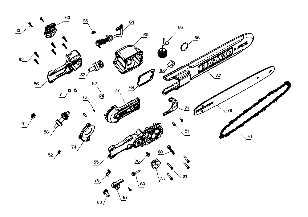 Section 1 Diagram and Parts List for DCPS675B Type 1 DeWALT Chainsaw