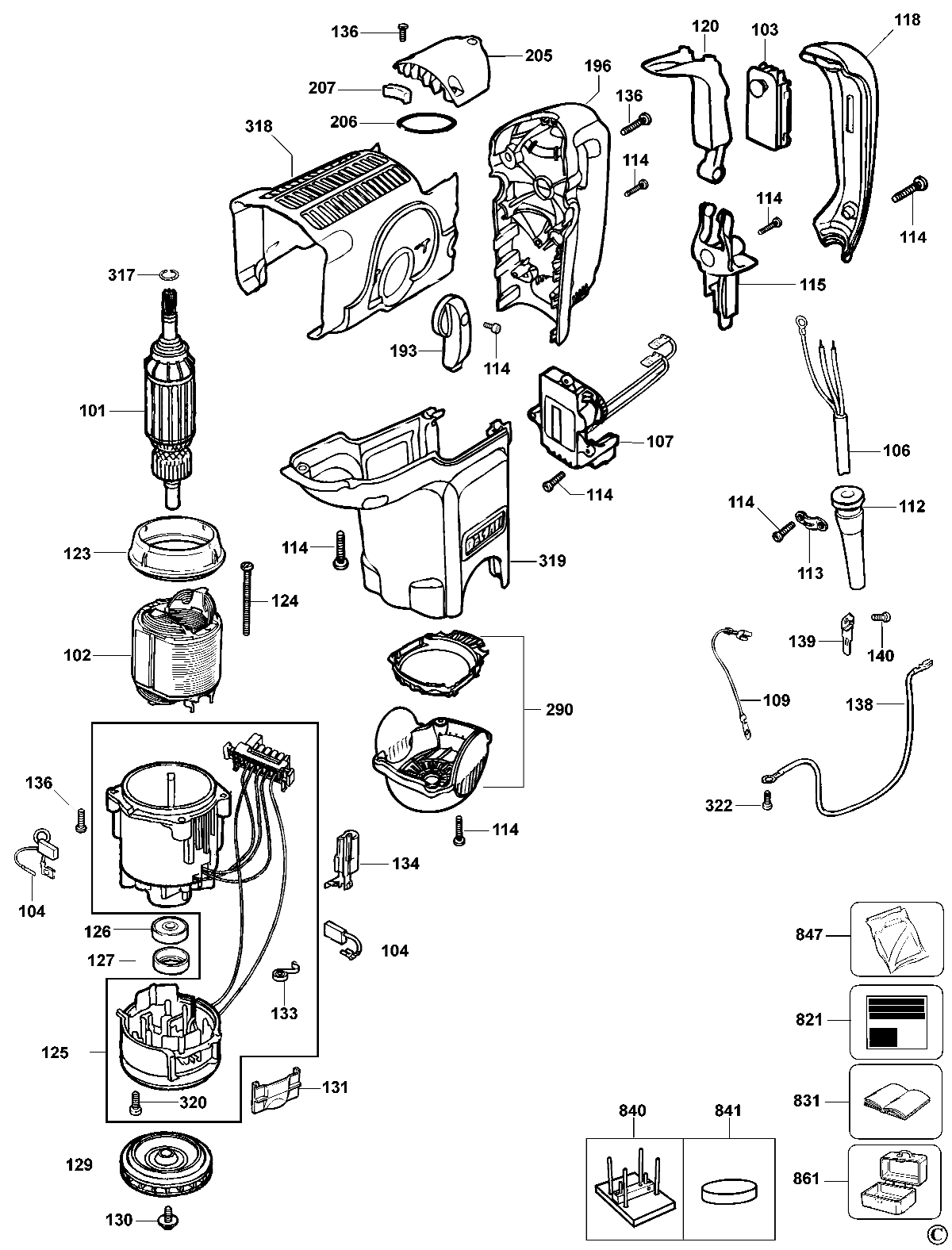 Default 2 Diagram and Parts List for D25500KBR Type 1 DeWALT Hammer