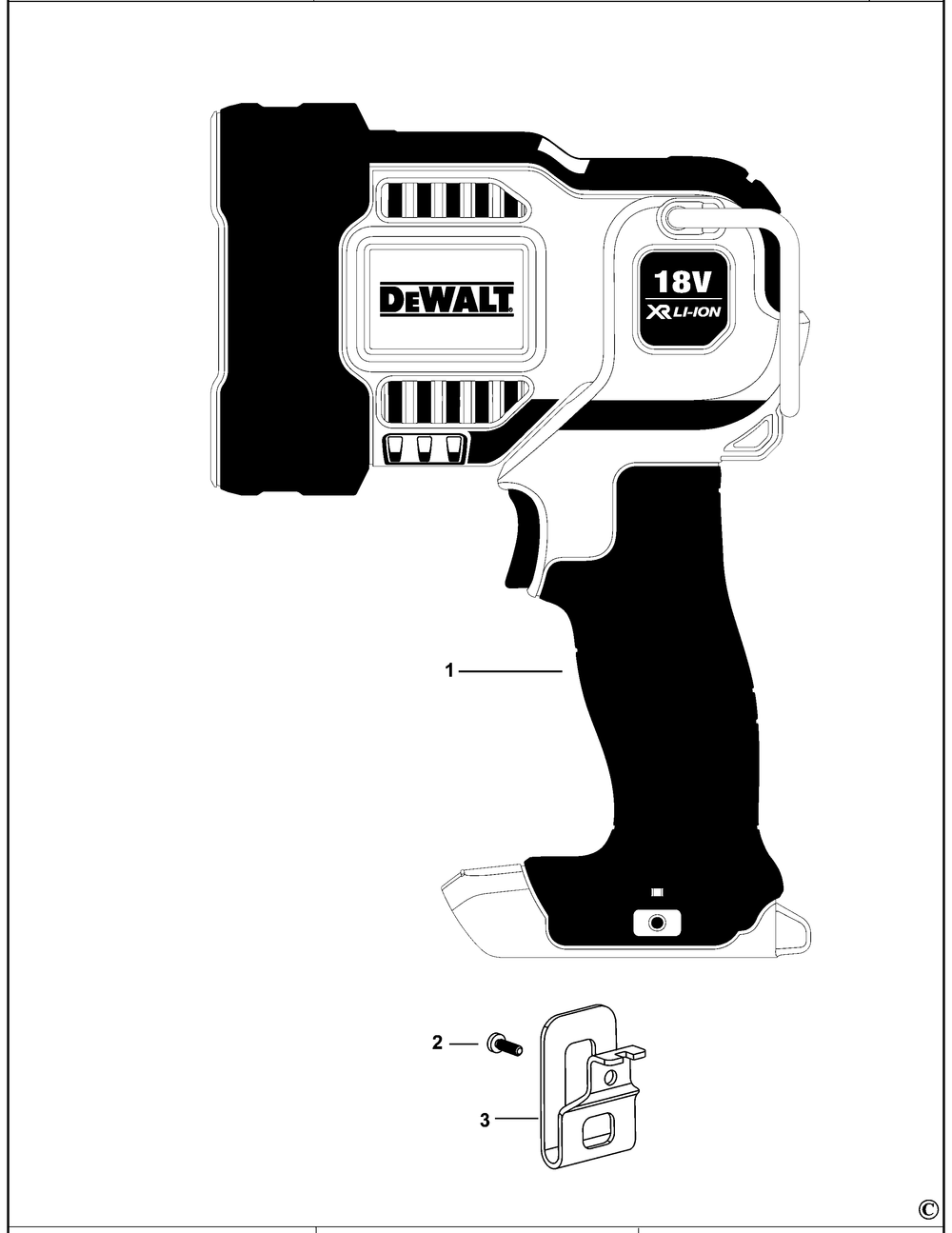 Section 1 Diagram and Parts List for DCL043R Type 12 DeWALT Worklight & Flashlight