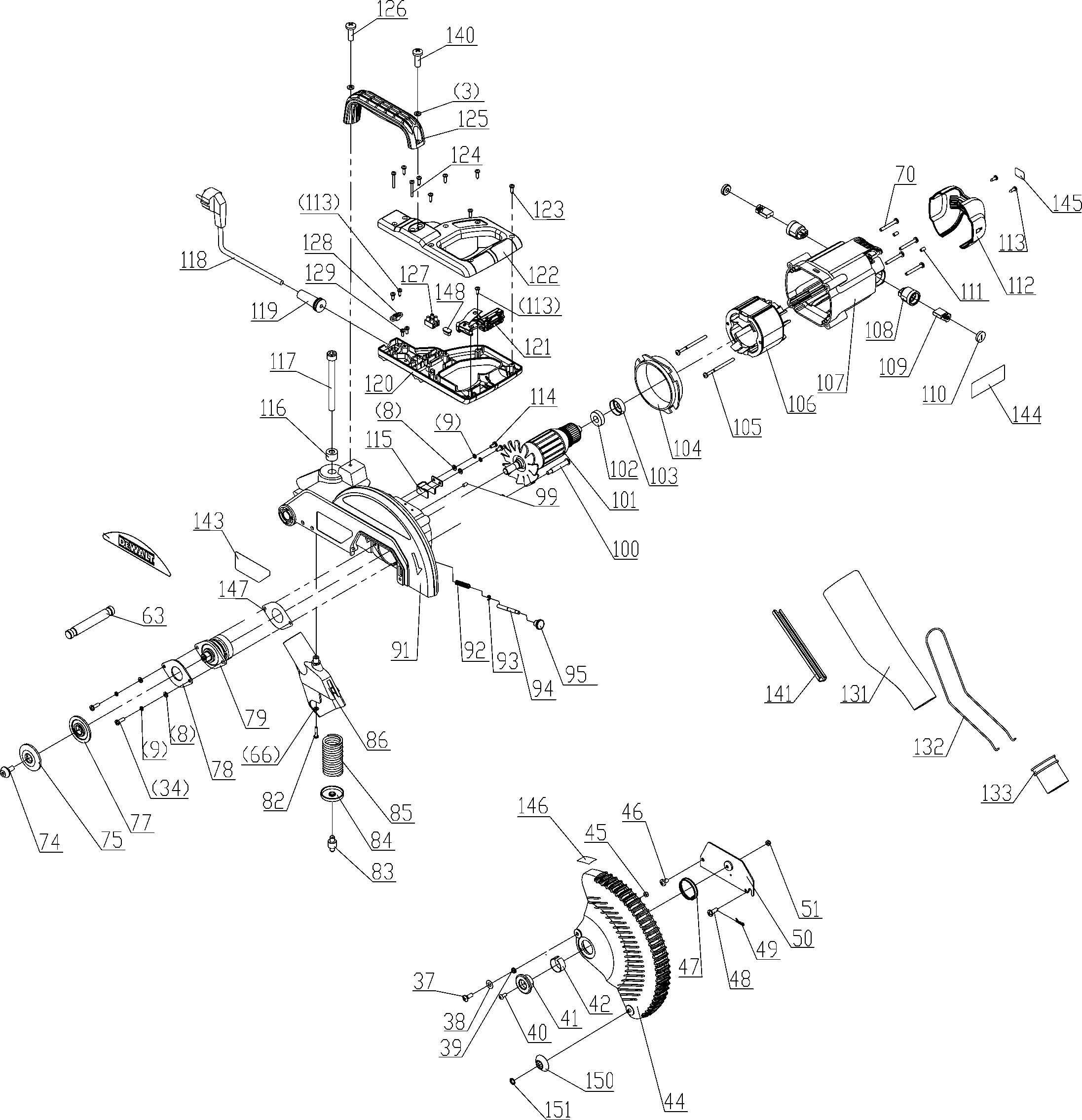Default 2 Diagram and Parts List for DW714-B2 Type 1 DeWALT Miter Saw