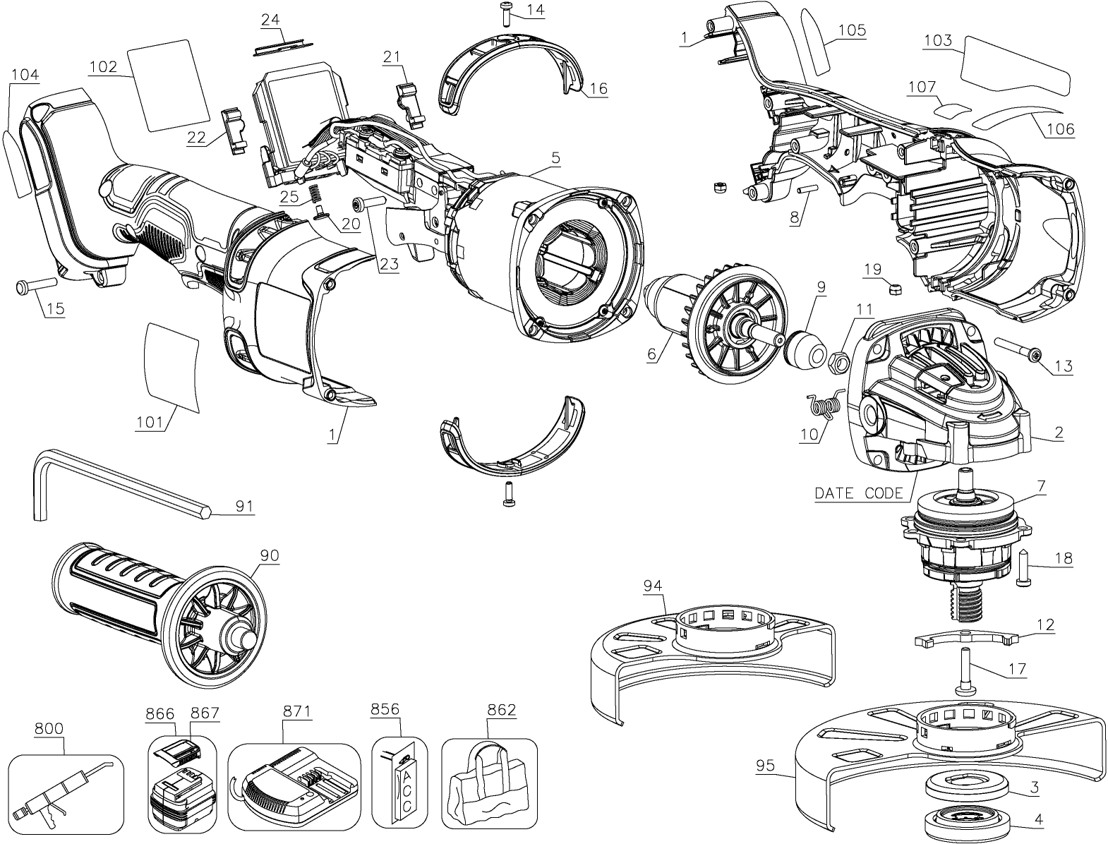 Default Diagram and Parts List for DCG414B Type 1 DeWALT Grinder