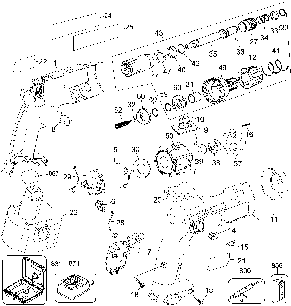 Default Diagram and Parts List for DC668KA Type 1 DeWALT Impact Driver