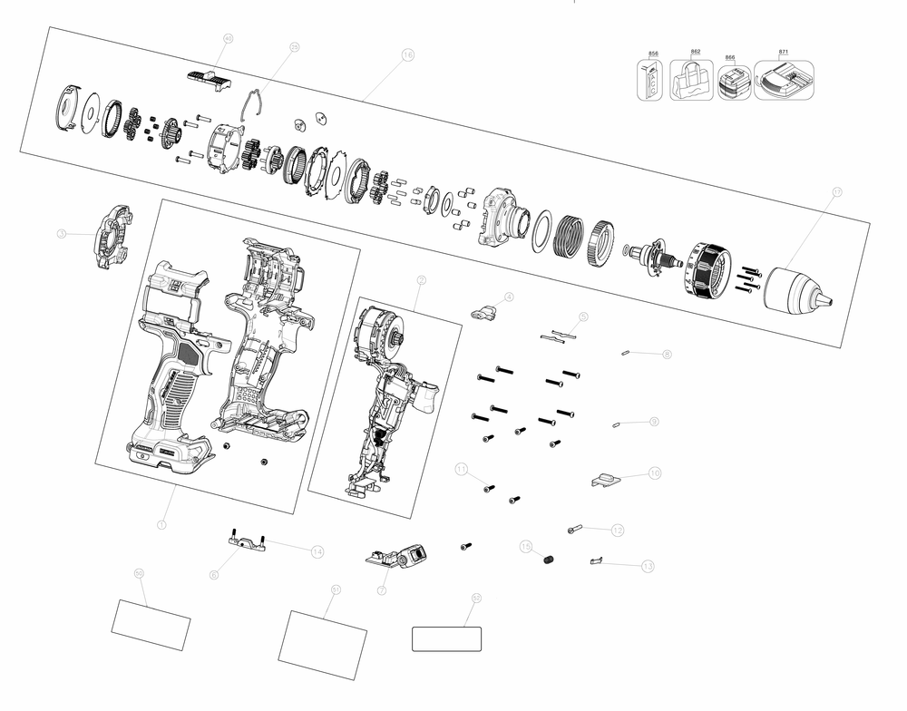Exploded Diagram A Diagram and Parts List for DCD800B Type 1 DeWALT Cordless Drill