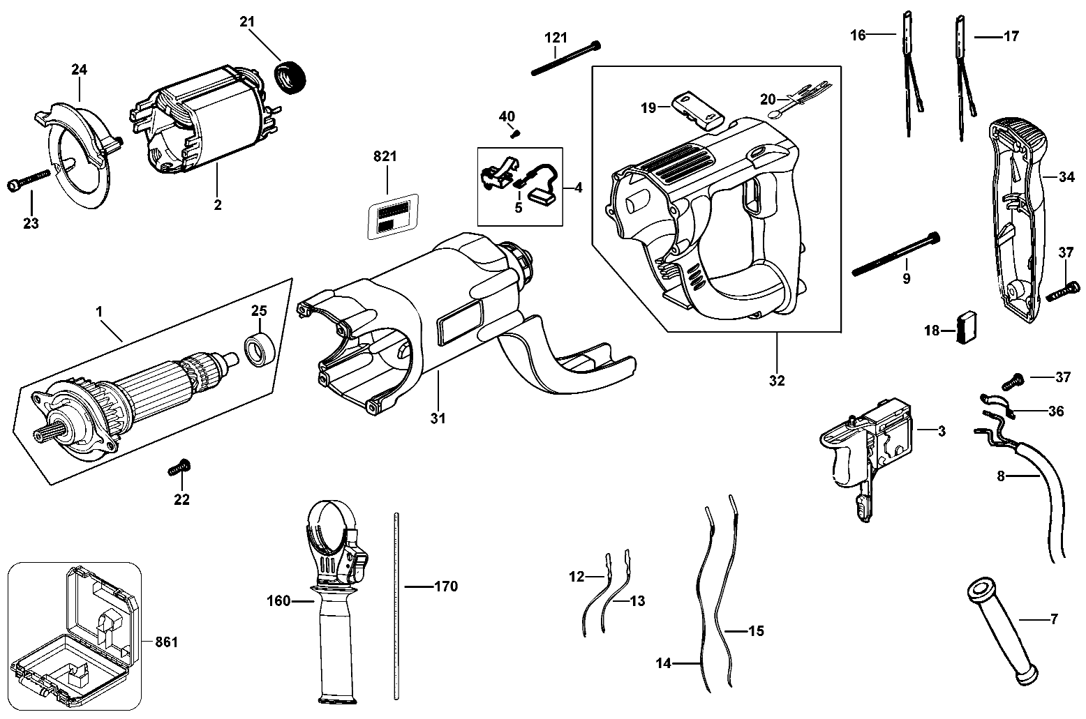 Default 2 Diagram and Parts List for D25213K-B2 Type 2 DeWALT Hammer